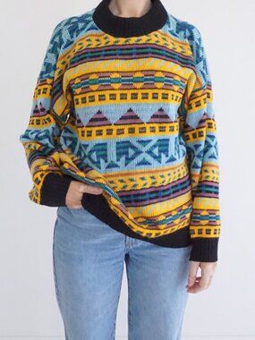 Vintage Multicolor Geometric Fair Isle Pattern Knit Sweater Nordic Ski Lodge L